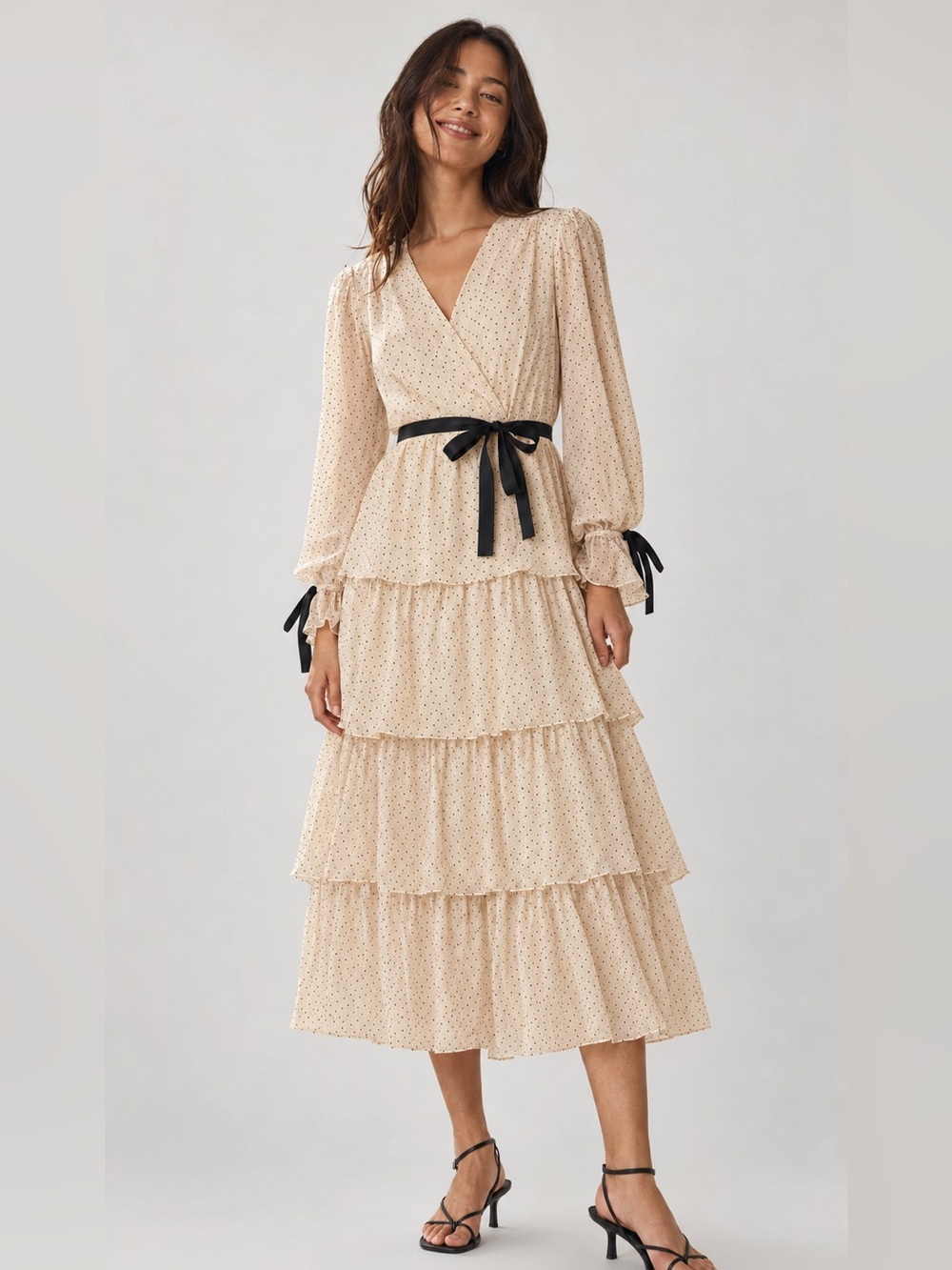 Just Me X Anthro Arose Studio Style Kendall Tiered Midi Dress Ivory Black Sizd M